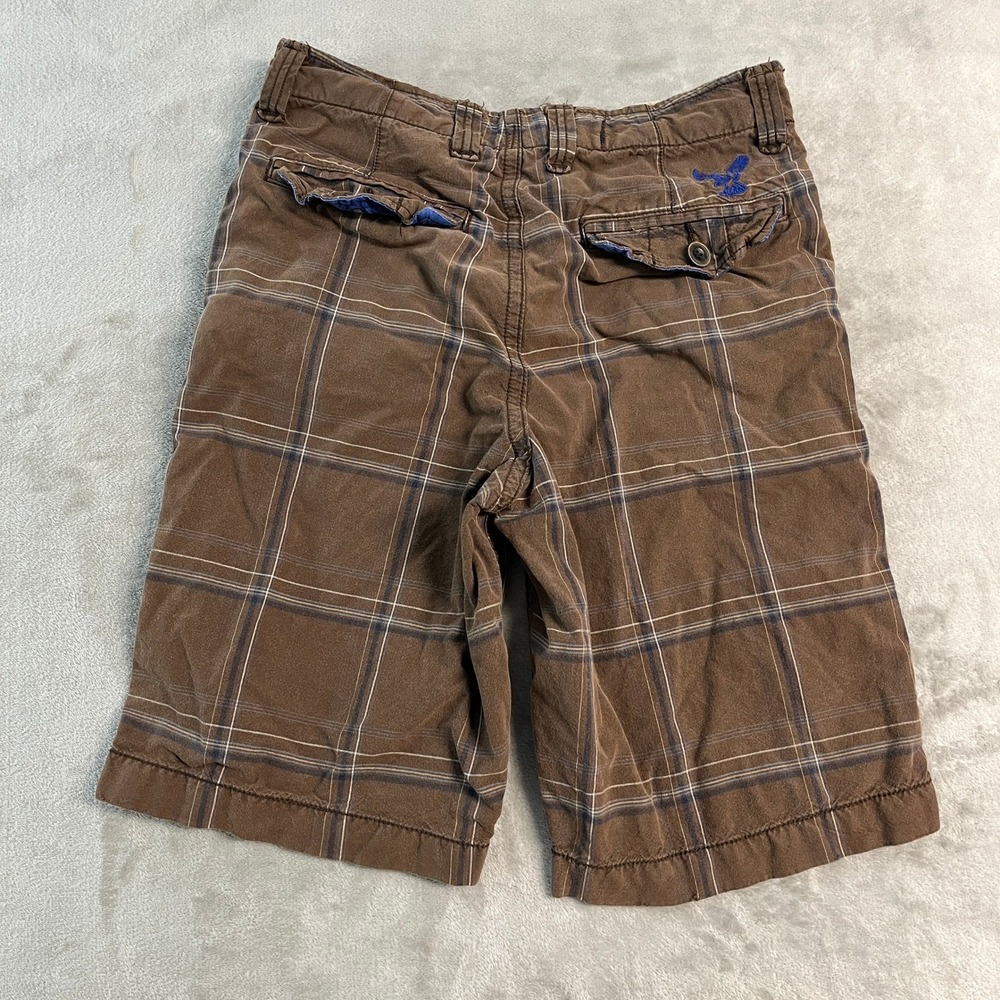 American Eagle Y2K Mens 28 Brown Plaid Longer Length Cotton Cargo Shorts